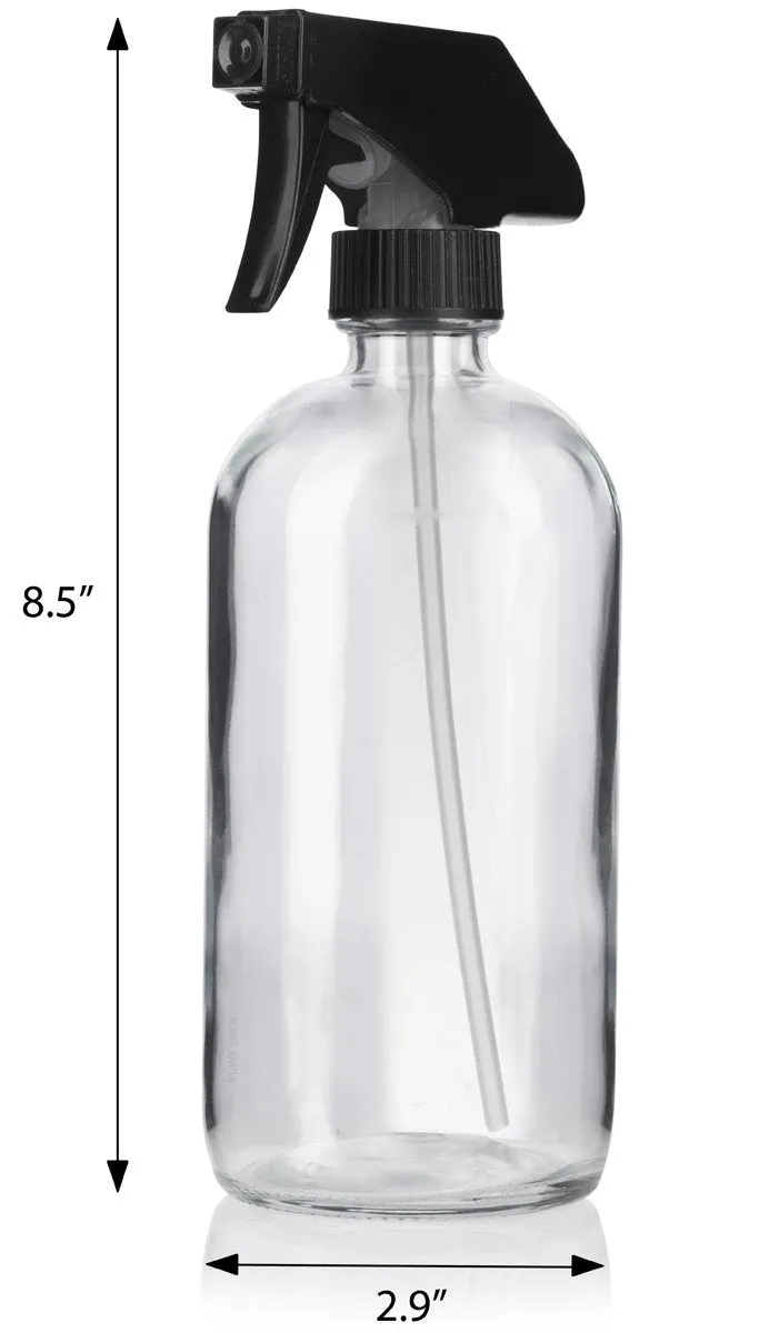 16 oz Clear Glass Boston Round Bottle with Black Trigger Spray (4 Pack)