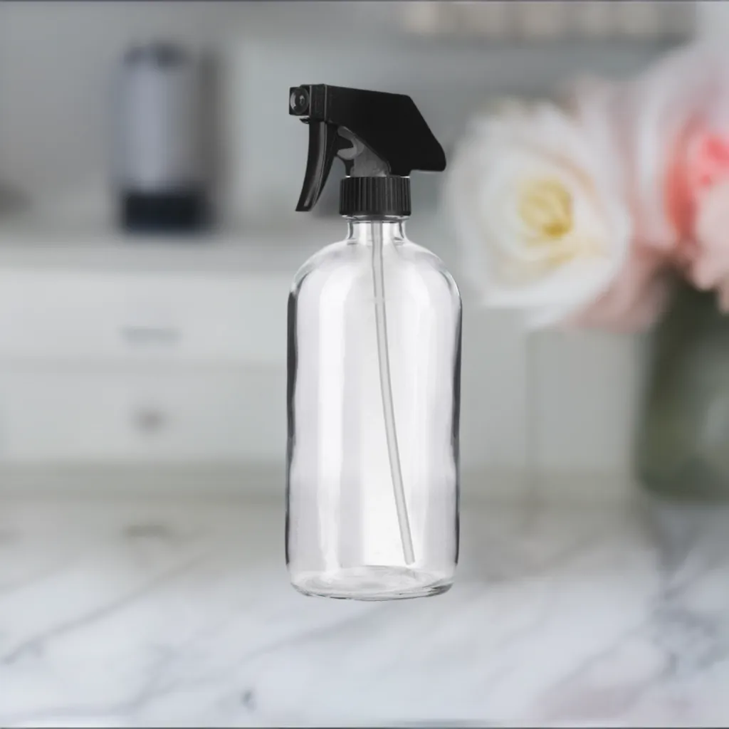 16 oz Clear Glass Boston Round Bottle with Black Trigger Spray (4 Pack)