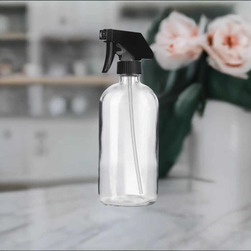 16 oz Clear Glass Boston Round Bottle with Black Trigger Spray (4 Pack)