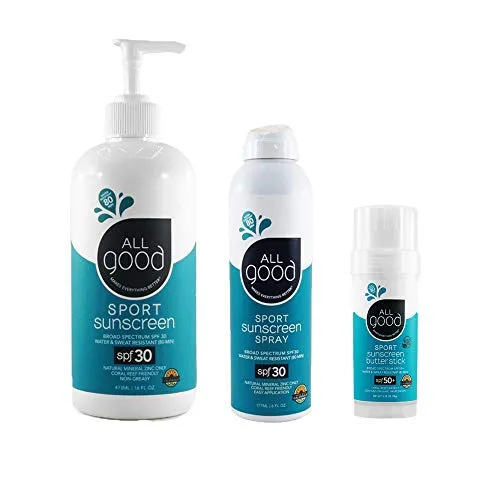 All Good Sport Mineral Face & Body Sunscreen - UVA/UVB Broad Spectrum, Water Resistant, Coral Reef Friendly, Gluten-Free - SPF 30 16 oz Pump, SPF 30 Sport Spray, SPF 50 Sport Butter Stick
