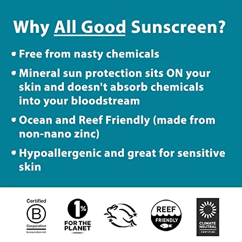 All Good Sport Mineral Face & Body Sunscreen - UVA/UVB Broad Spectrum, Water Resistant, Coral Reef Friendly, Gluten-Free - SPF 30 16 oz Pump, SPF 30 Sport Spray, SPF 50 Sport Butter Stick