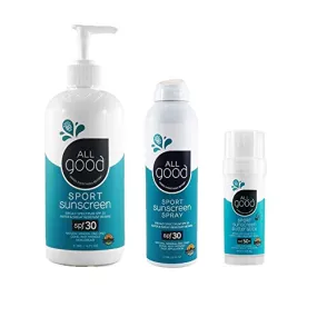 All Good Sport Mineral Face & Body Sunscreen - UVA/UVB Broad Spectrum, Water Resistant, Coral Reef Friendly, Gluten-Free - SPF 30 16 oz Pump, SPF 30 Sport Spray, SPF 50 Sport Butter Stick