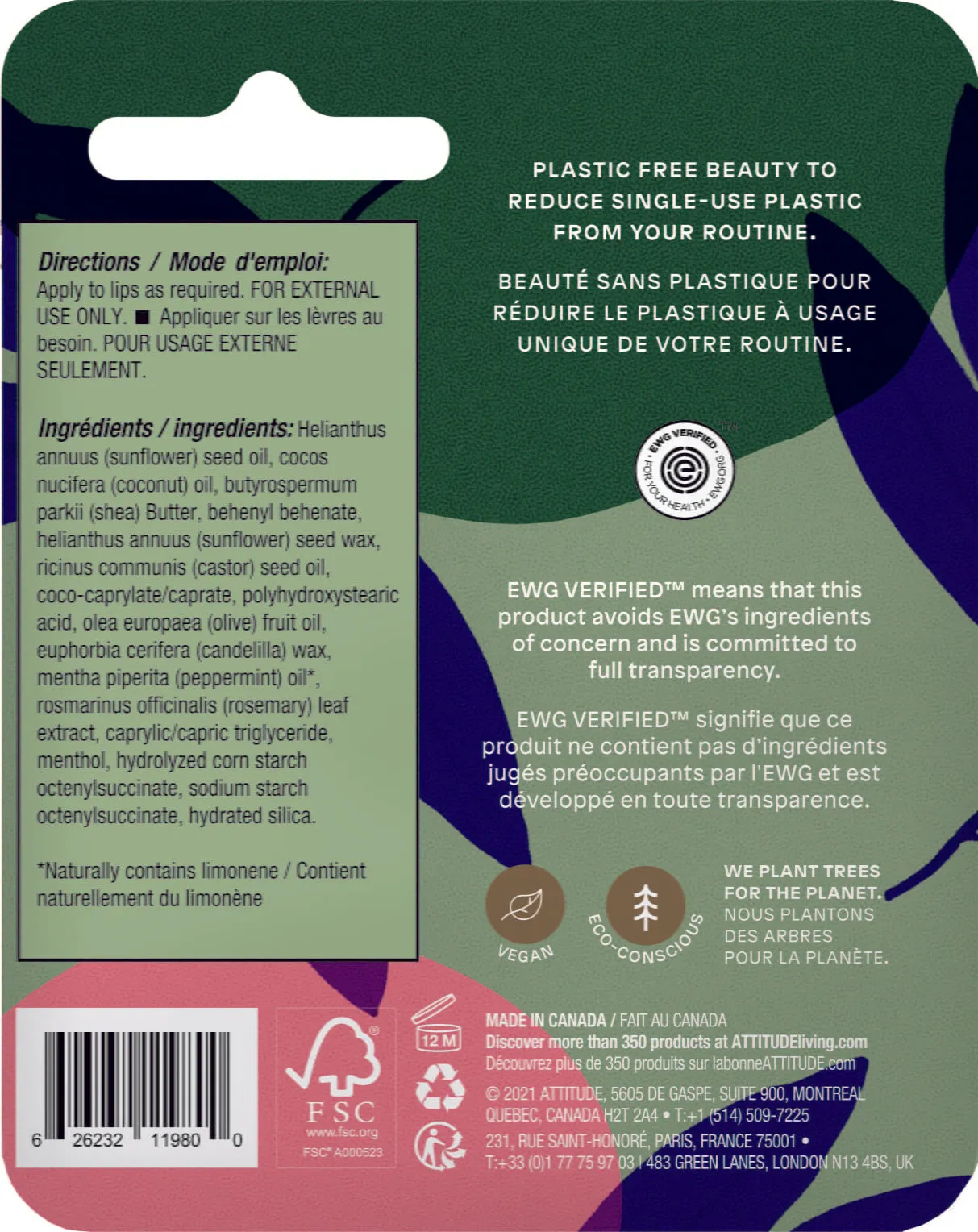 Attitude Plastic-Free Lip Balm Fresh Mint Enriched With Olive Oil 8.5g