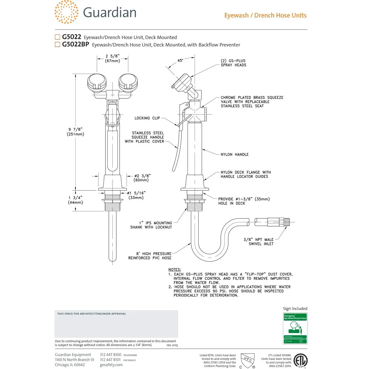 Guardian G5022BP Eyewash/Drench Hose Unit, Deck Mounted with Backflow Preventer